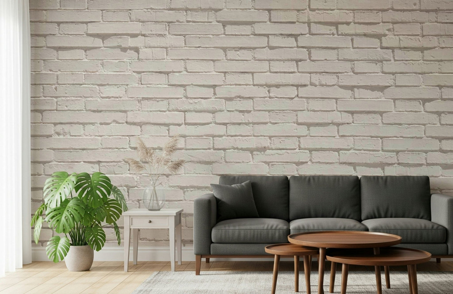 Bright bedroom feature wall featuring the clean Urban White peel and stick wallpaper.