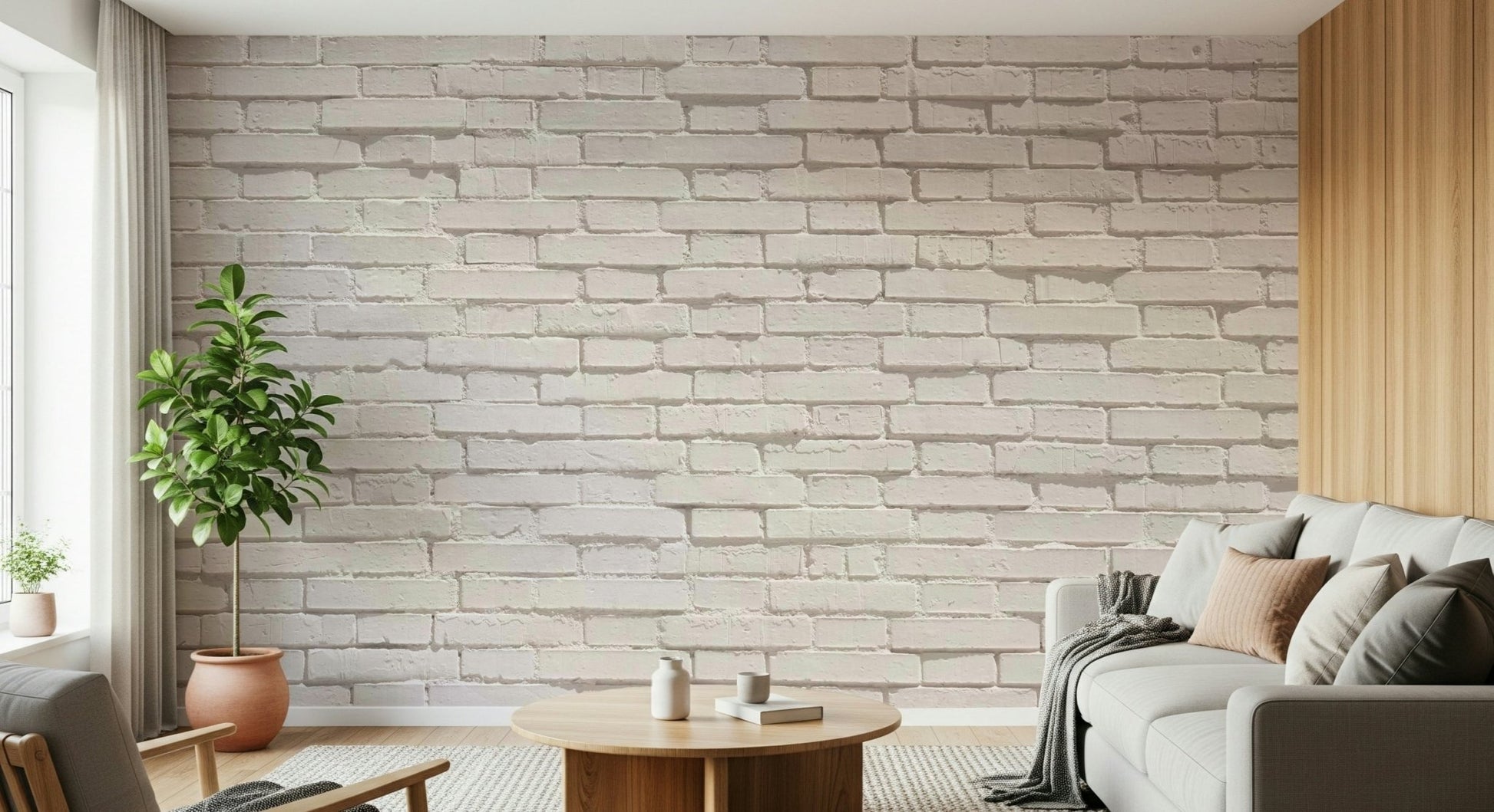 Close-up texture of the crisp white bricks in the Urban White wallpaper mural.