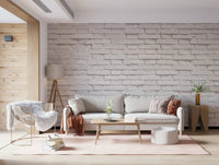 Detailed look at the subtle grout lines in the Urban White peel and stick wallpaper.