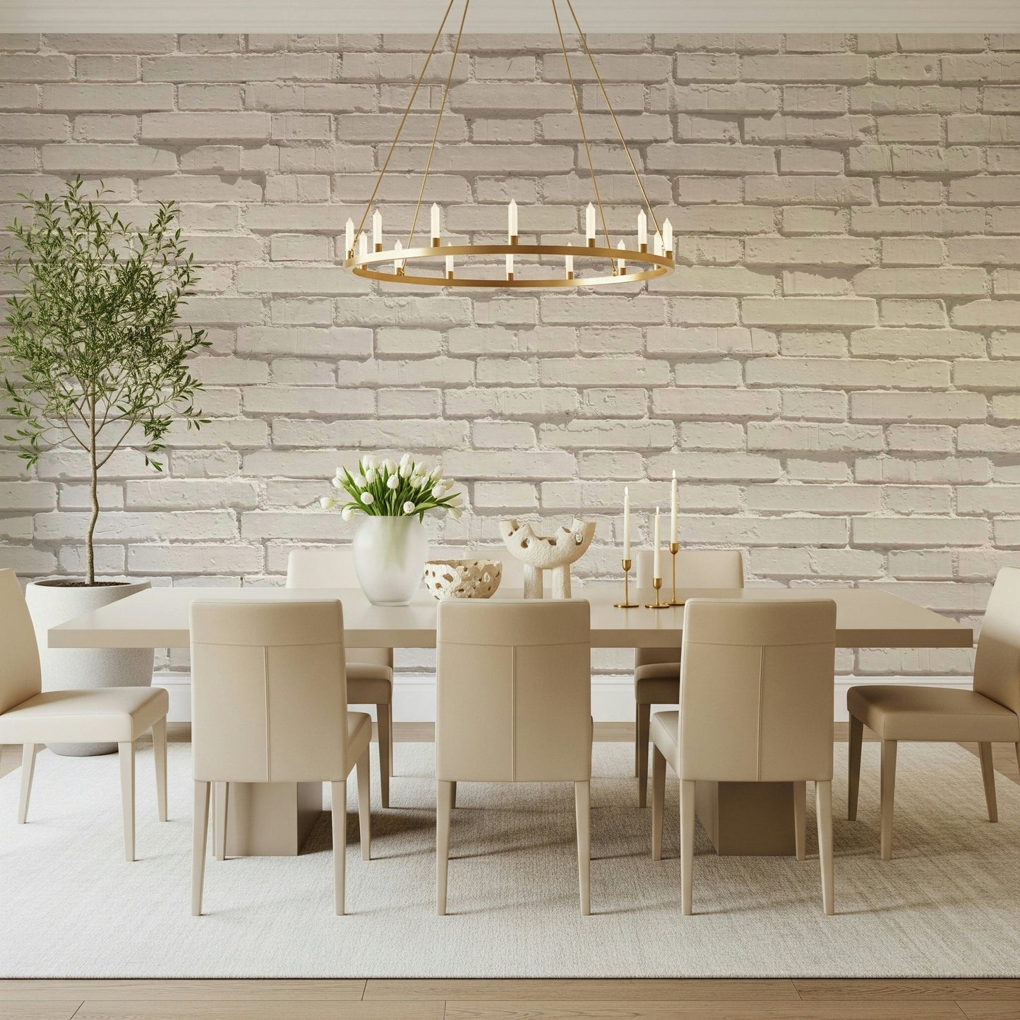Vertical shot emphasizing the clean lines of the Urban White Brick Wall Mural.