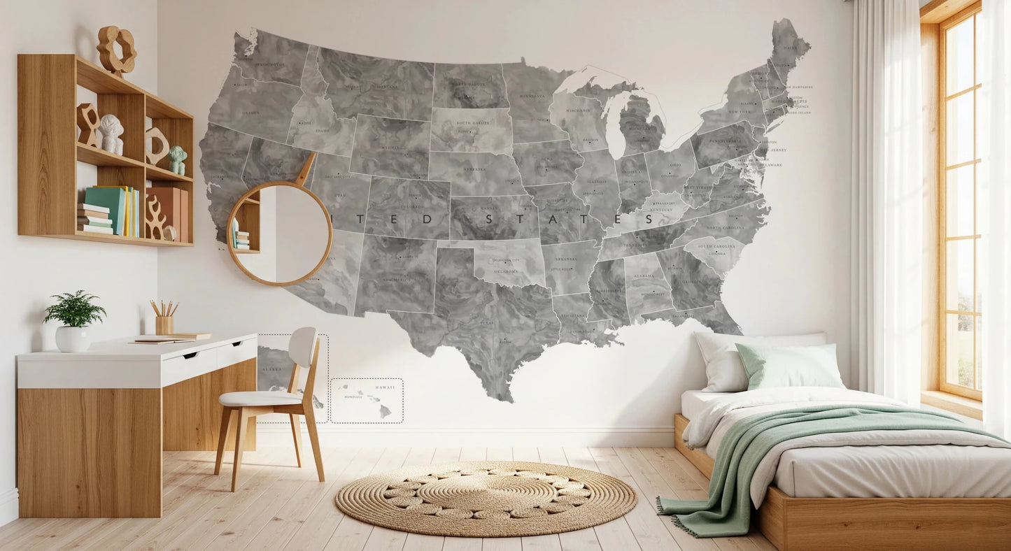 USA map with states and capitals in gray watercolor Wall Mural