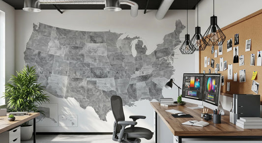 Gray watercolor USA Map office with States and Capitals wall mural with state labels