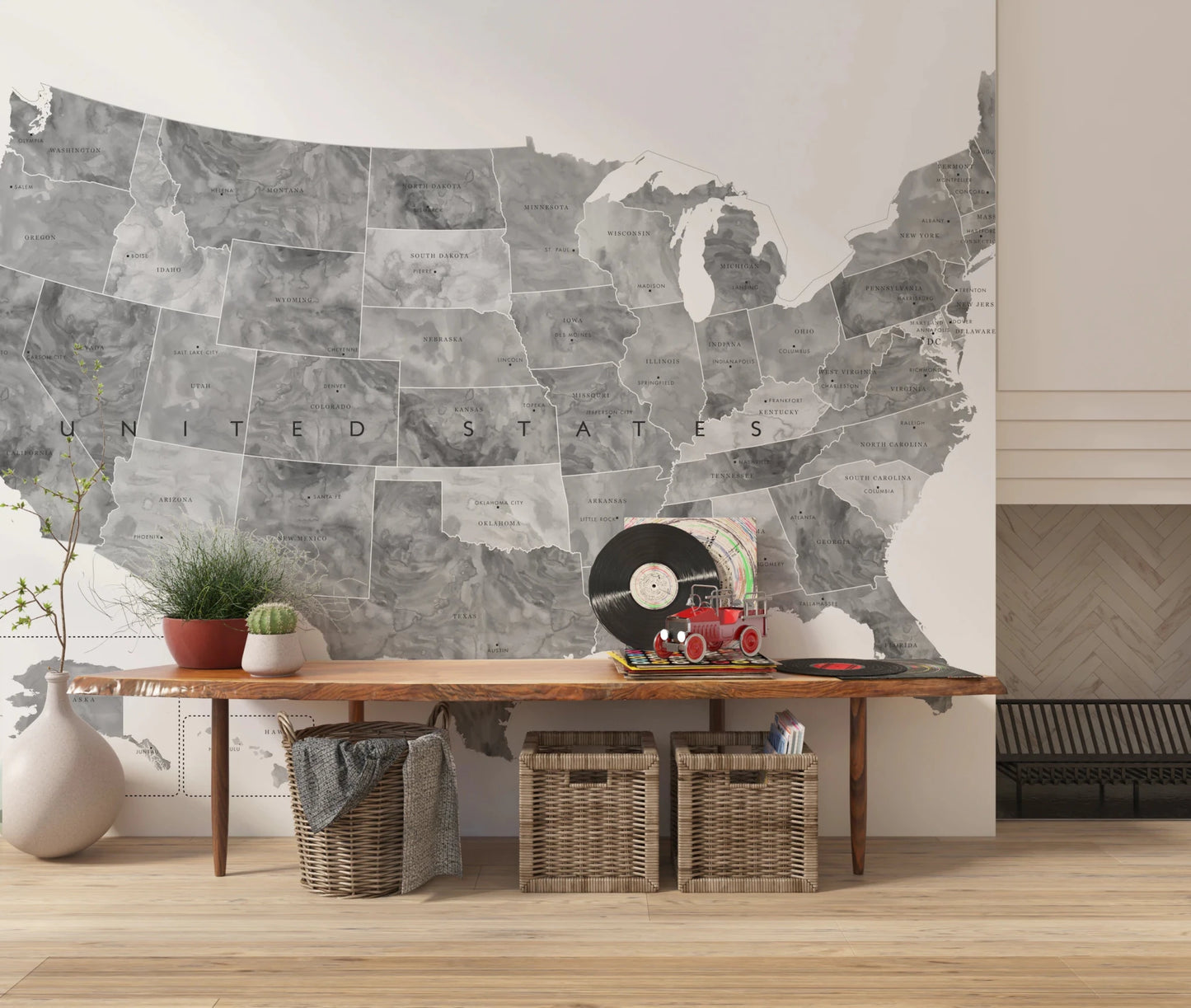 USA map with states and capitals in gray watercolor Wall Mural