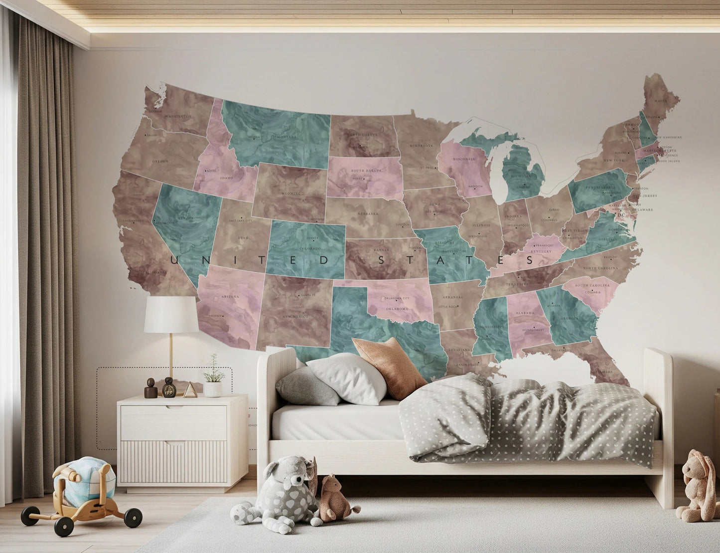 USA map with states and capitals in muted watercolor Wall Mural