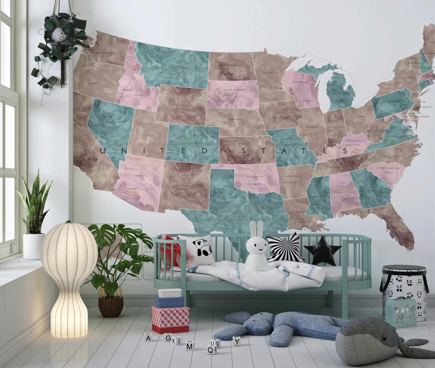 USA map with states and capitals in muted watercolor Wall Mural