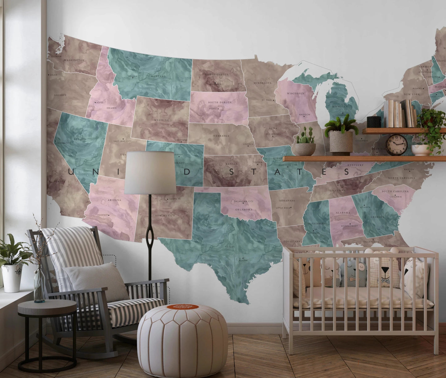 USA map with states and capitals in muted watercolor Wall Mural