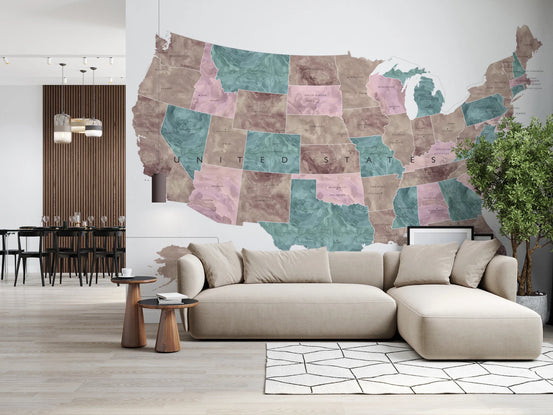 Living room with USA watercolor map wall mural pastel states, GD8276