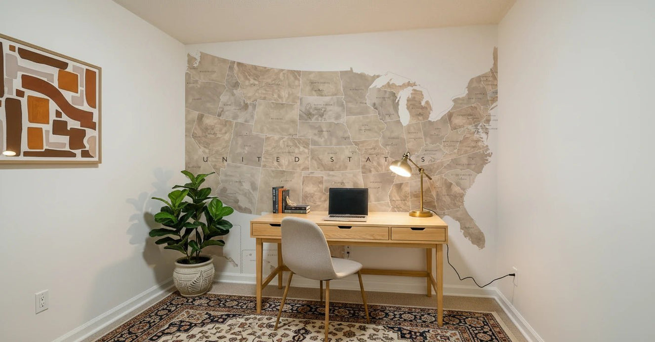 Office space with USA map wall mural and labeled capital cities