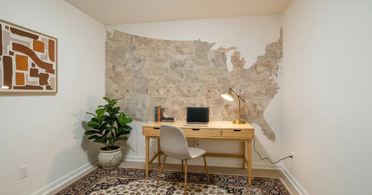 Office space with USA map wall mural and labeled capital cities