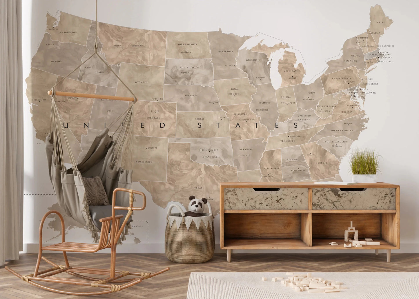 USA map with states and capitals in tan watercolor Wall Mural