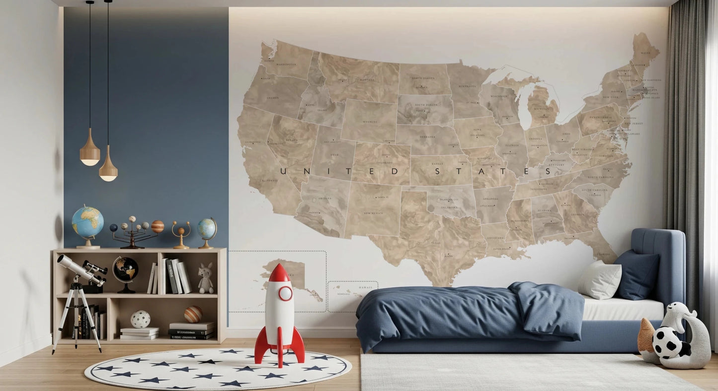 USA map with states and capitals in tan watercolor Wall Mural