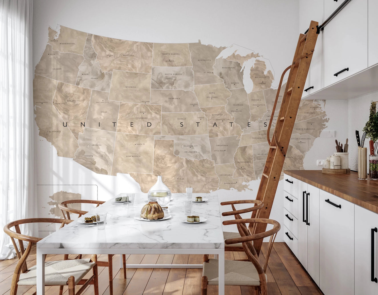 Tan USA watercolor wall mural with states and capitals layout