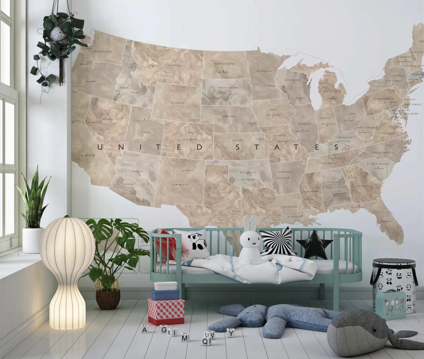 USA map with states and capitals in tan watercolor Wall Mural