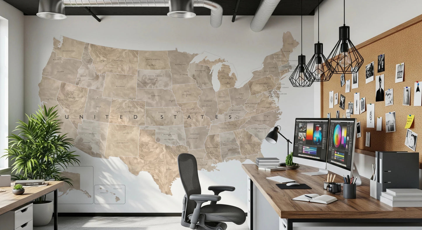 USA map with states and capitals in tan watercolor Wall Mural