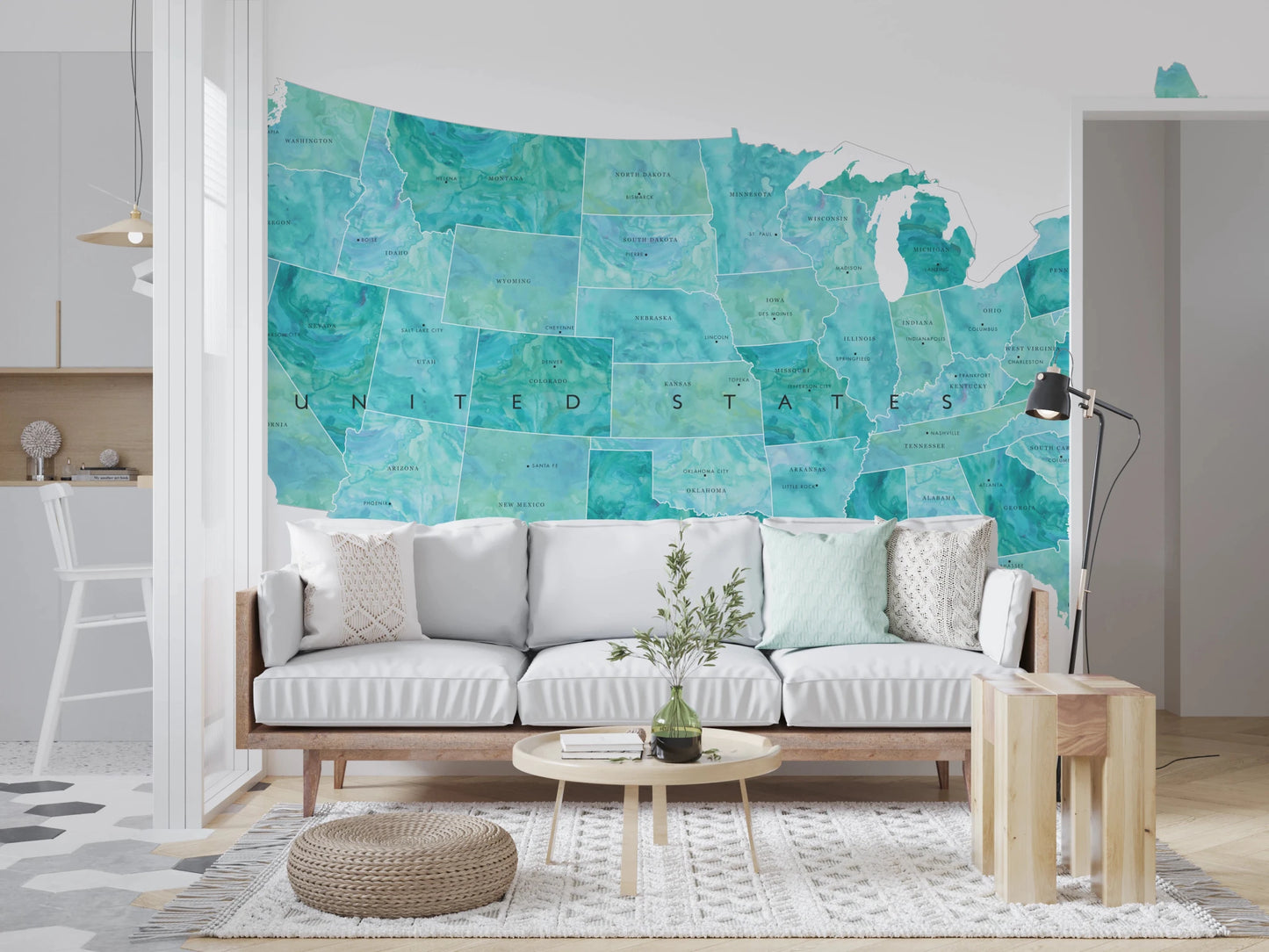 Teal watercolor USA Map with States and Capitals wall mural with state labels