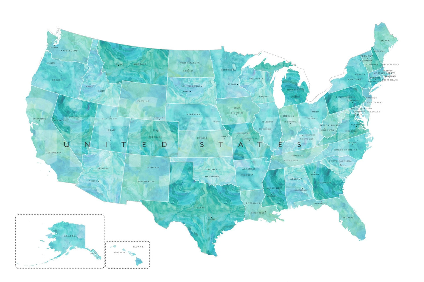 Watercolor USA Map with States and Capitals wall mural with clean outlines