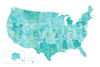 Watercolor USA Map with States and Capitals wall mural with clean outlines