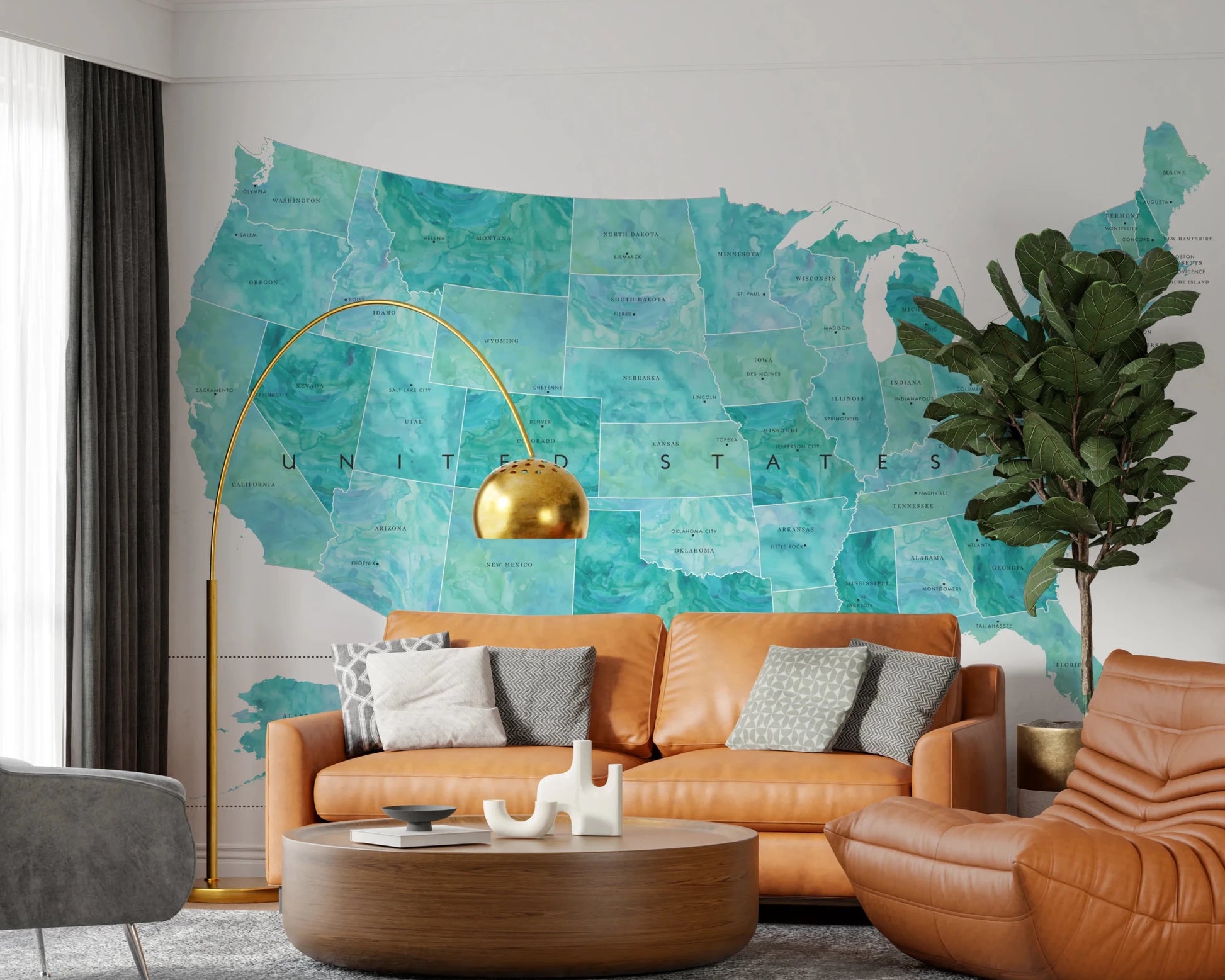 Teal USA Map with States and Capitals wall mural with labeled geography