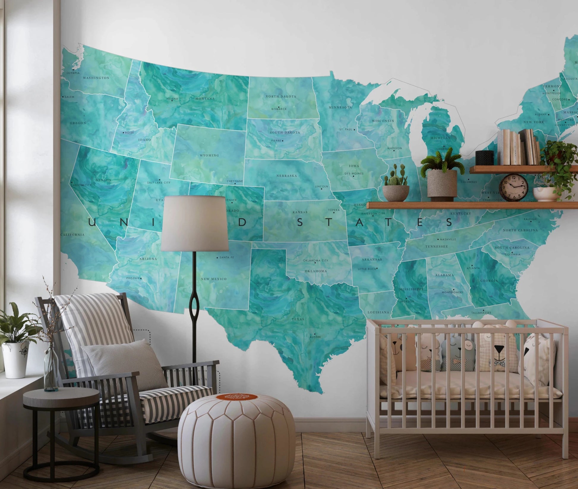 Teal-toned USA Map with States and Capitals wall mural with map texture