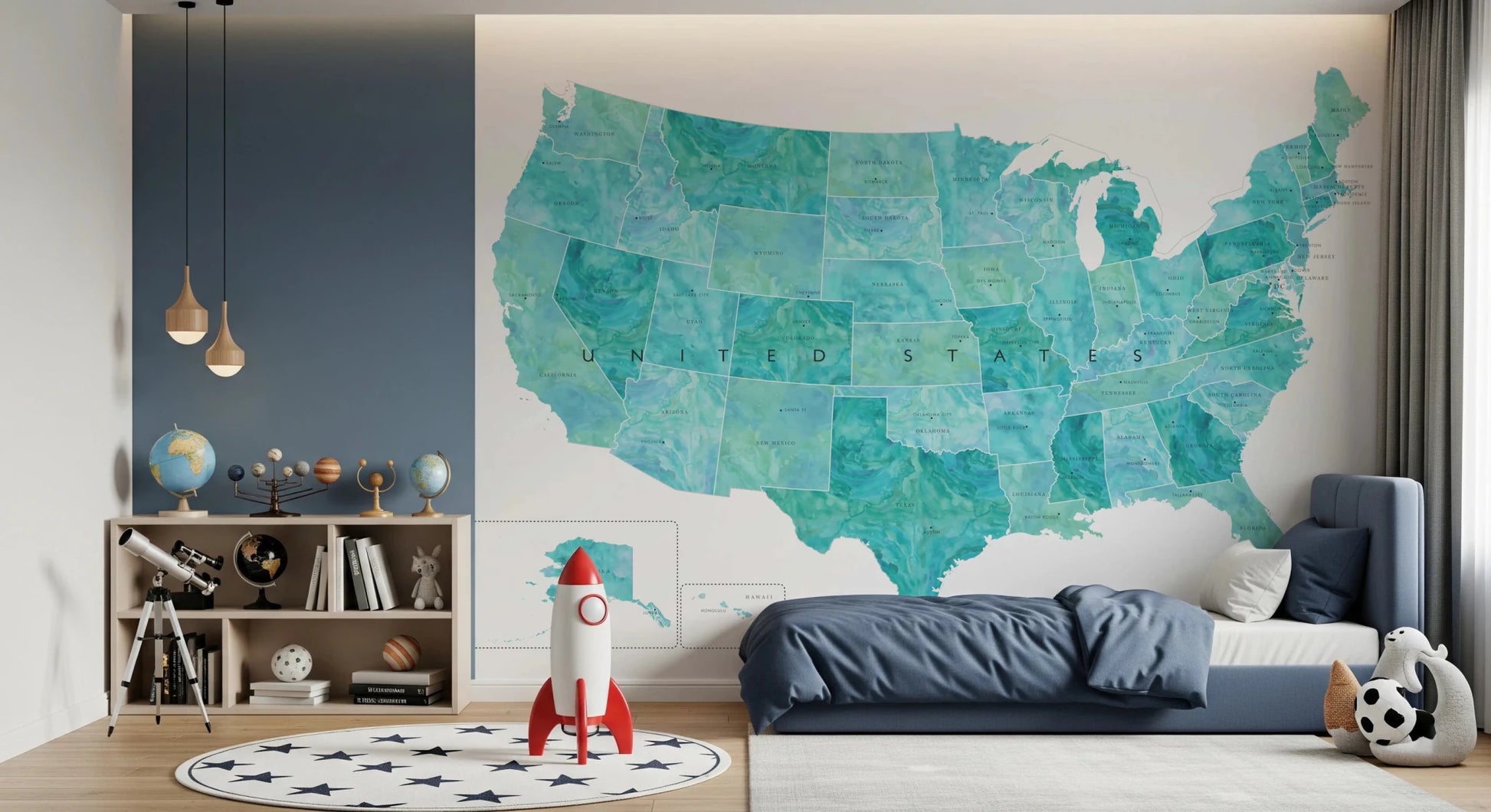 Educational USA Map with States and Capitals wall mural in watercolor style