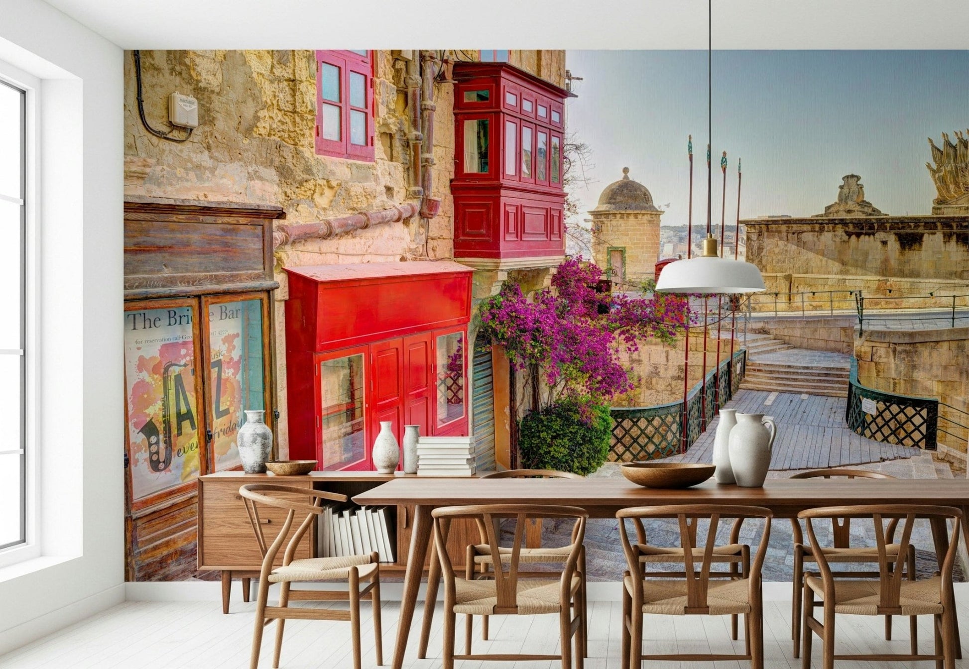 Mediterranean street scene wallpaper for a modern flat with neutral tones.