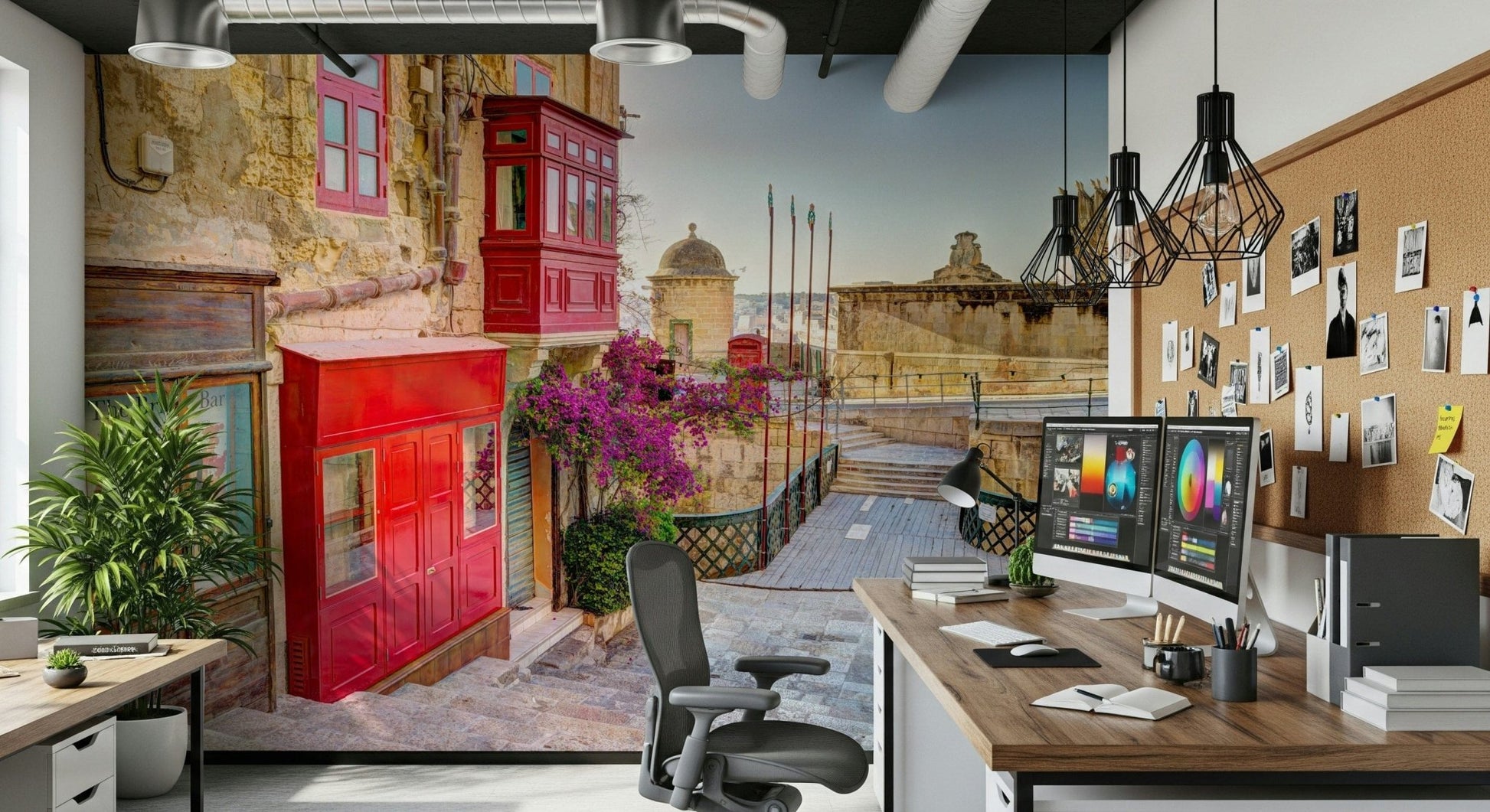 Valletta's Charm Wall Mural in a spacious living room with natural light.