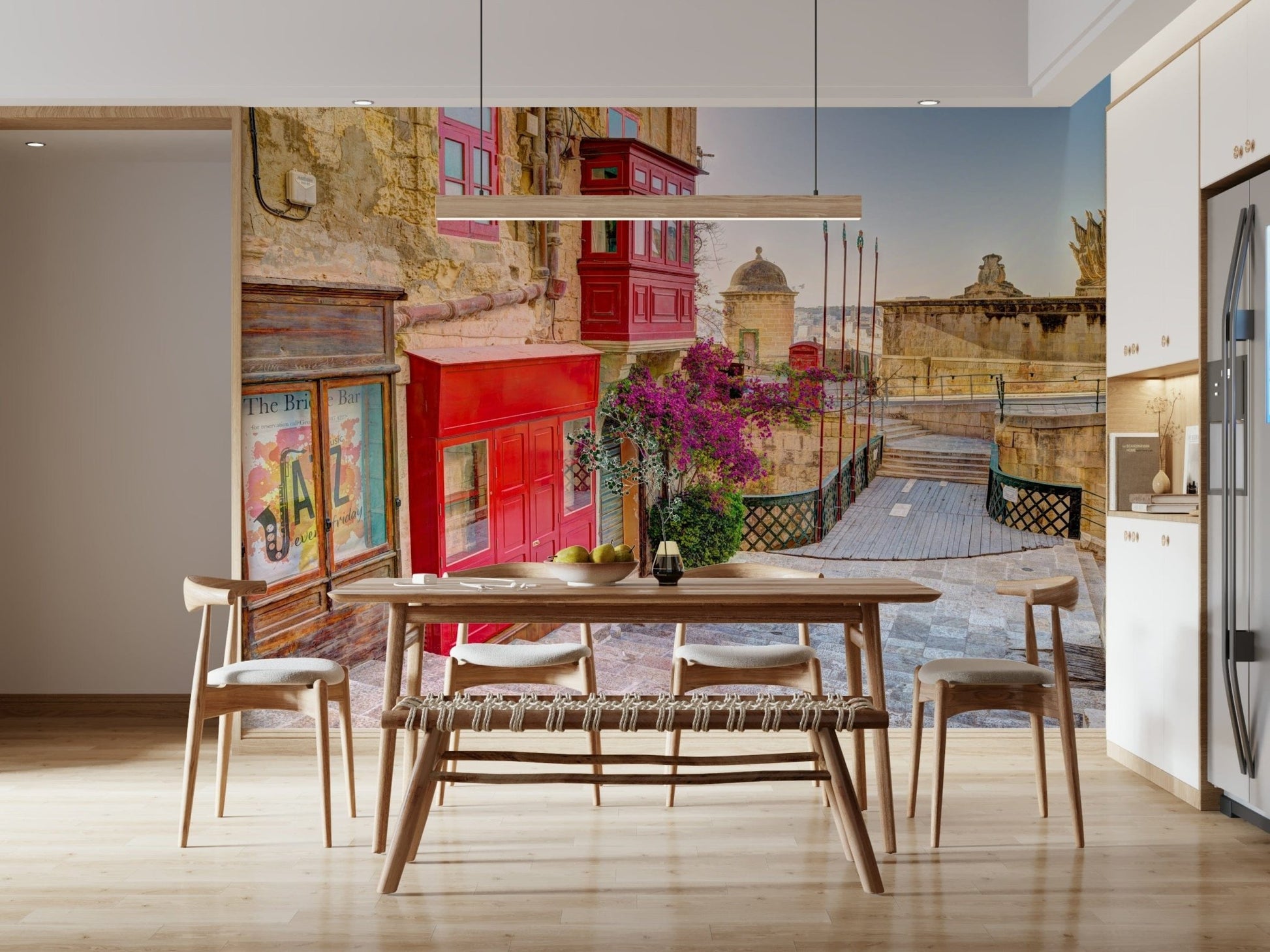 Vibrant balcony and narrow alley wall mural for a bedroom feature wall.