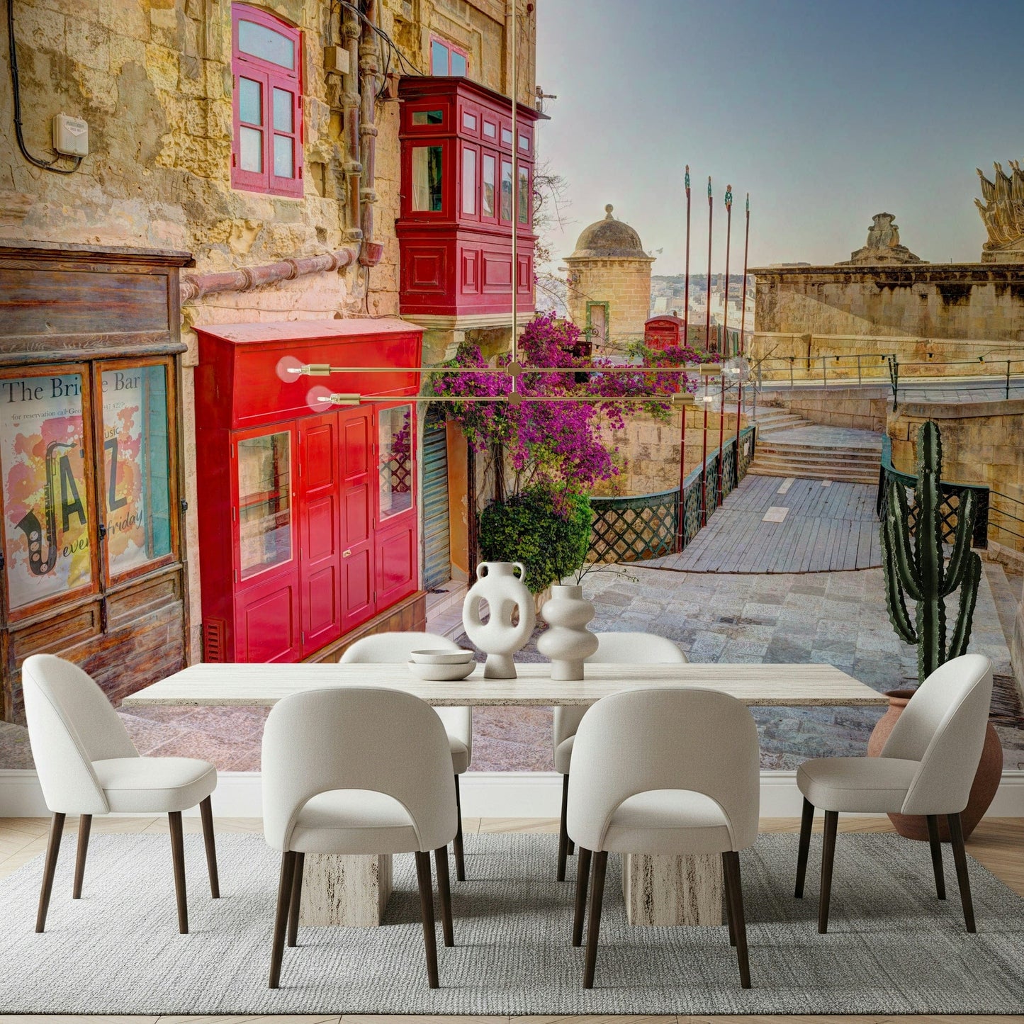 Scenic historic street wallpaper in a cozy reading corner or study room.