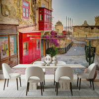 Scenic historic street wallpaper in a cozy reading corner or study room.