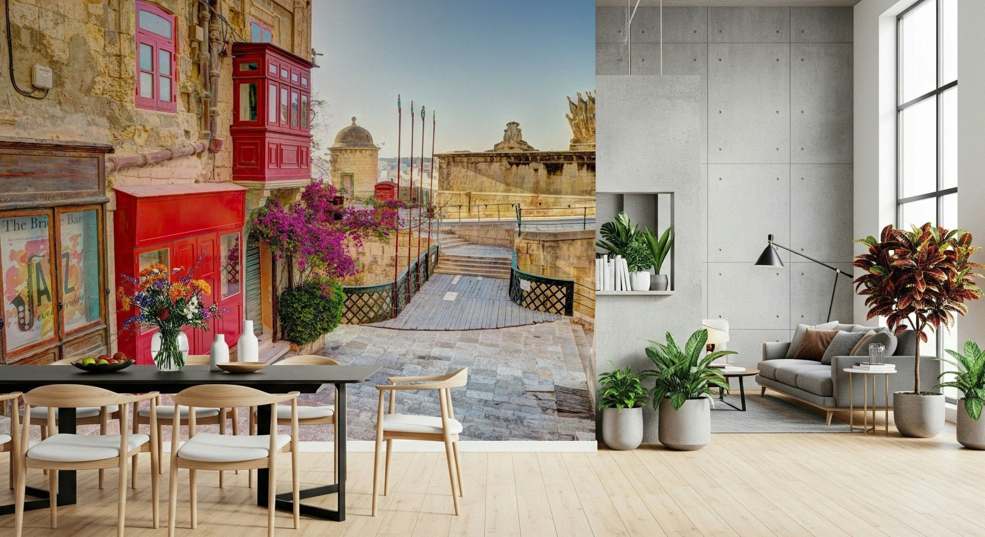 Colorful window and stone wall mural for a sophisticated apartment hallway.