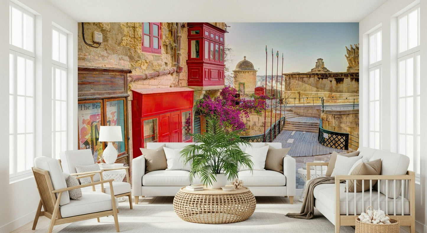 Architectural landscape wall mural for a guest room with minimalist furniture.