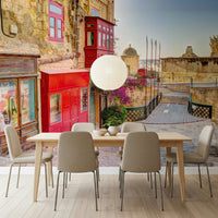 Rustic European architecture wallpaper for a dining room with wooden decor.