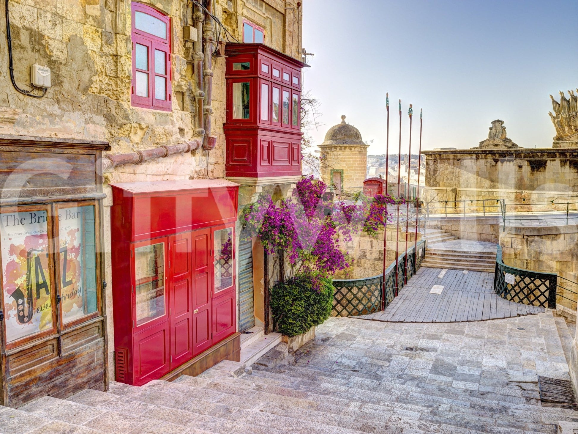 Scenic urban alleyway wall mural for a bright and airy breakfast nook.