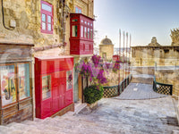 Scenic urban alleyway wall mural for a bright and airy breakfast nook.