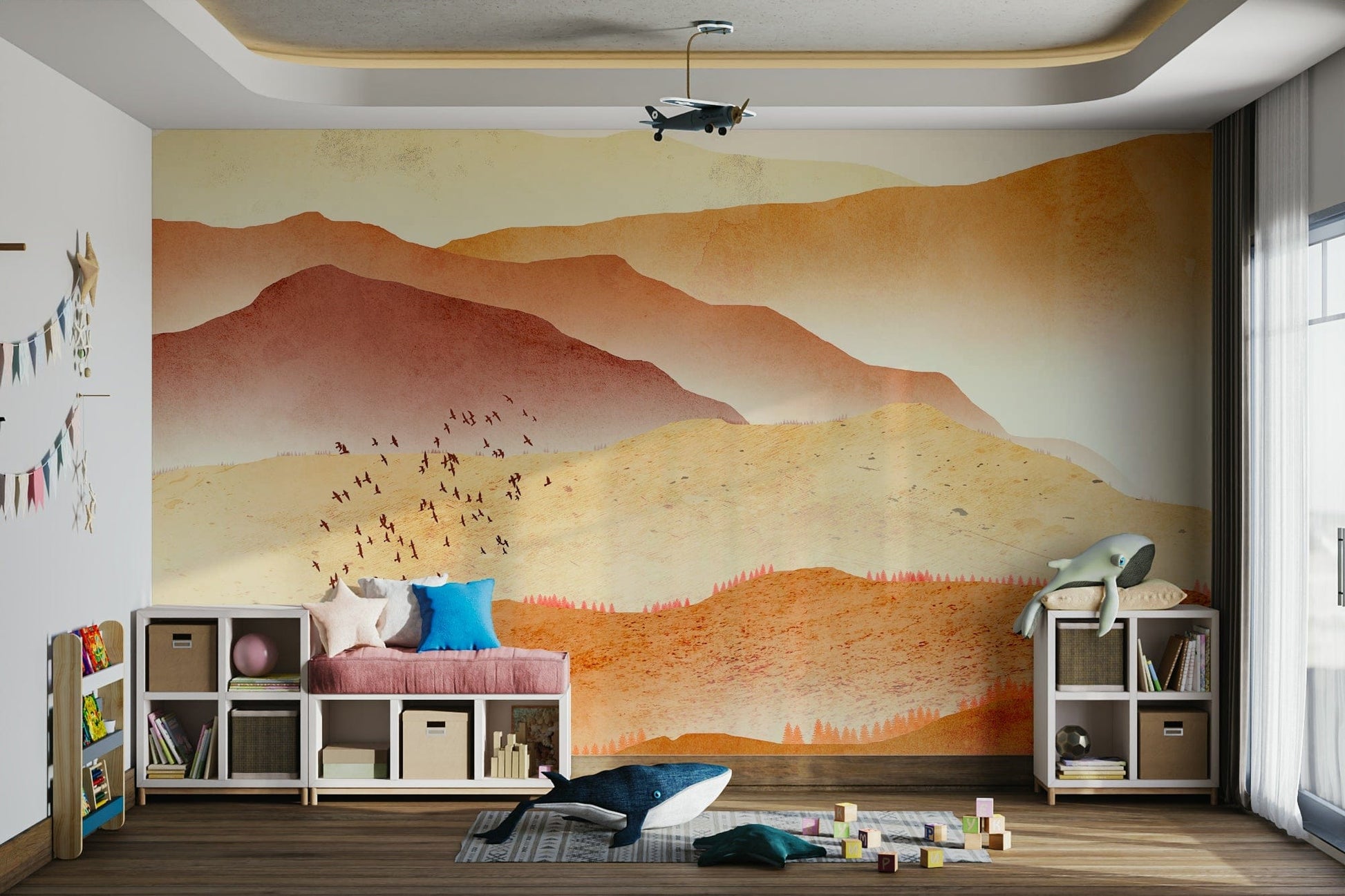Sunset over fire-colored hills mural
