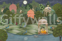 Vanara Vatika wall mural styled with wood furniture and warm light