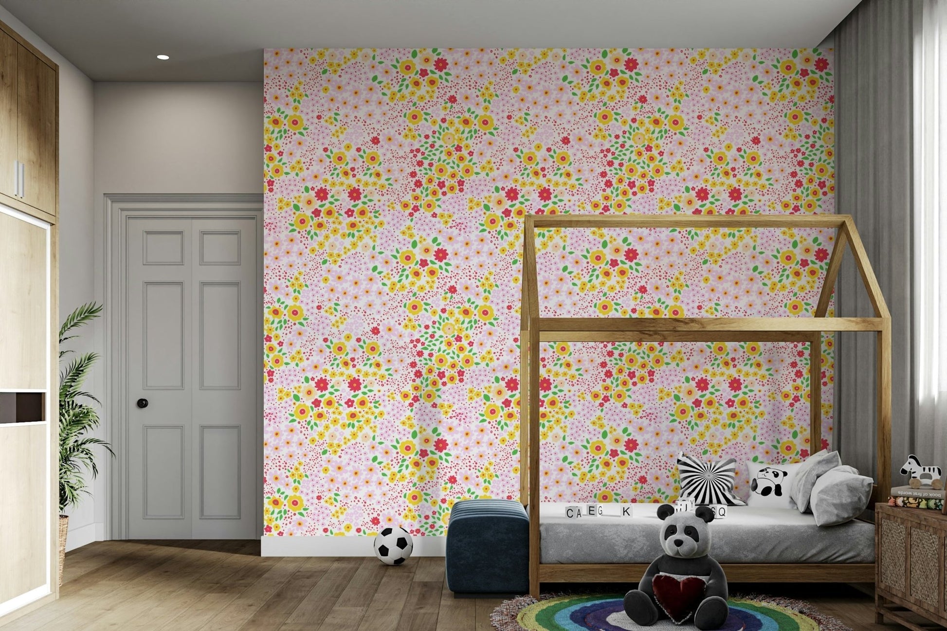Interior shot with floral wallpaper design

