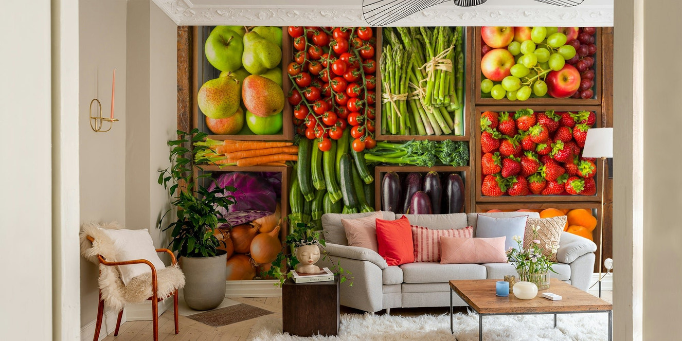An energetic wall mural with a design of various vegetables.

