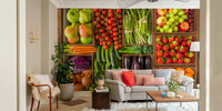 An energetic wall mural with a design of various vegetables.

