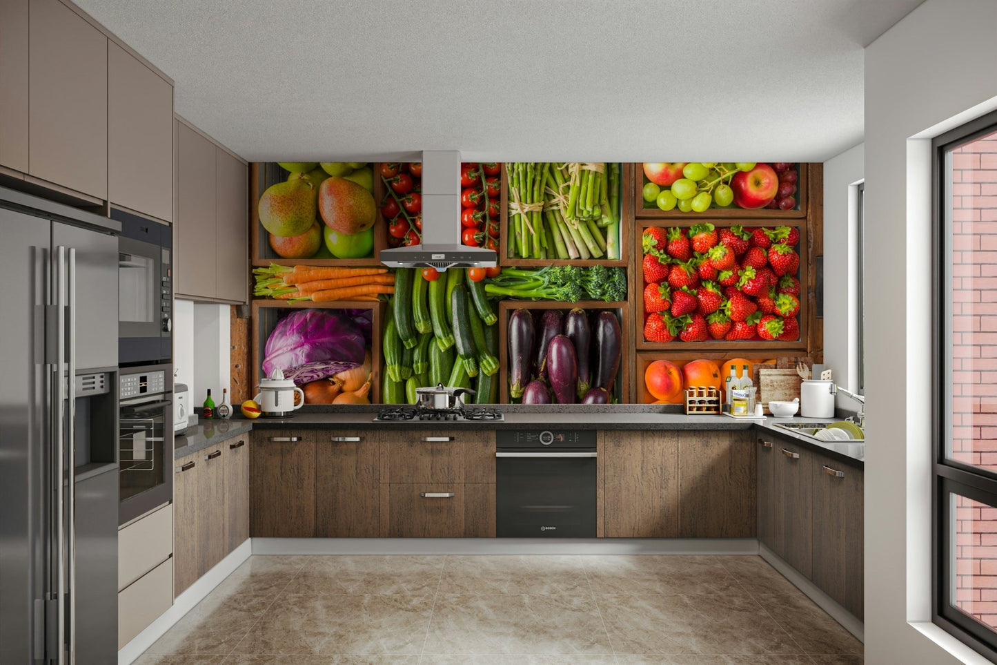 The vegetables are shown in a collection, as if in a pantry or a garden.

