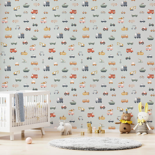 Vehicles in Blue Background Wallpaper brightens a nursery with playful transport repeats