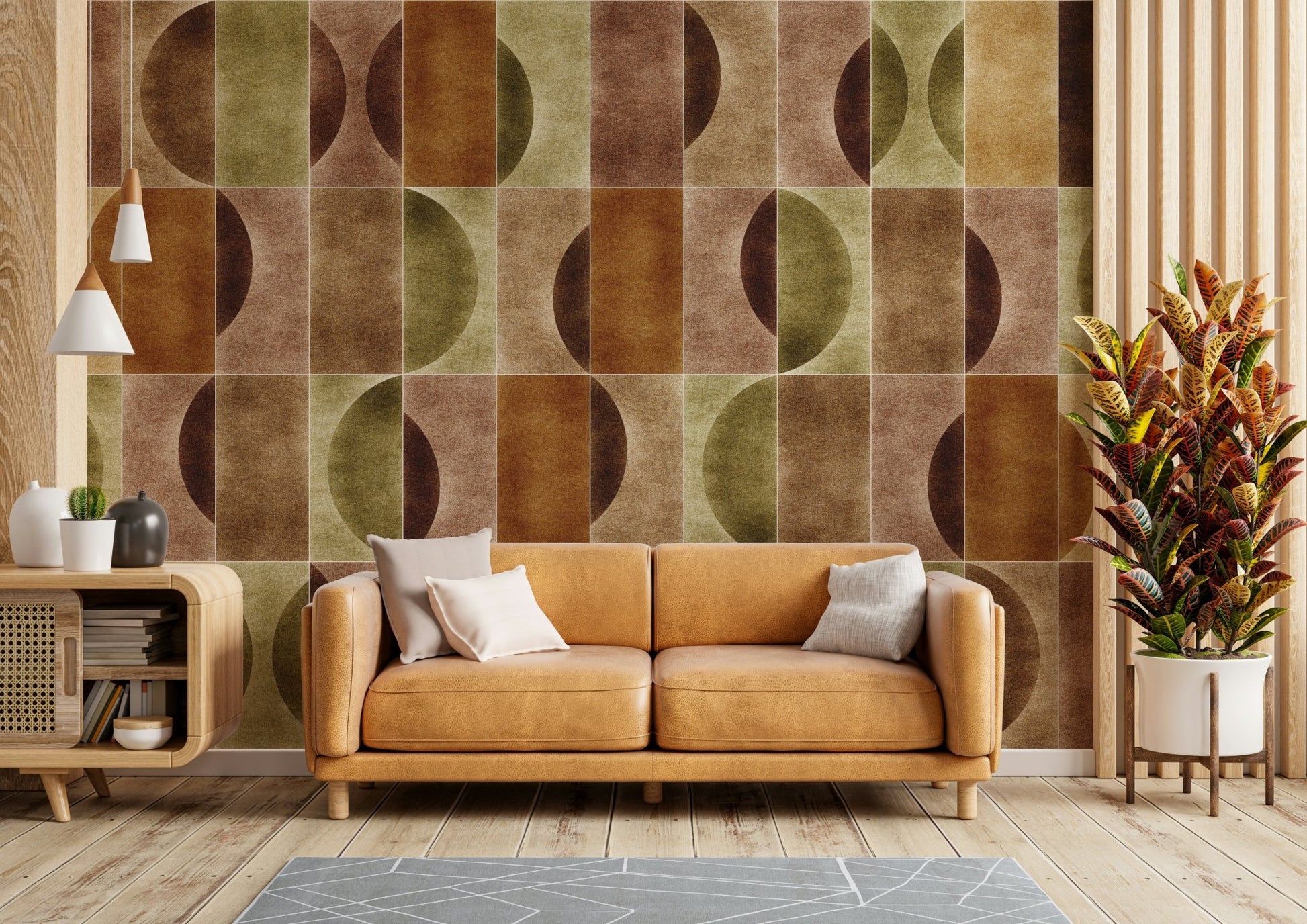 A modern wall mural with a geometric pattern.

