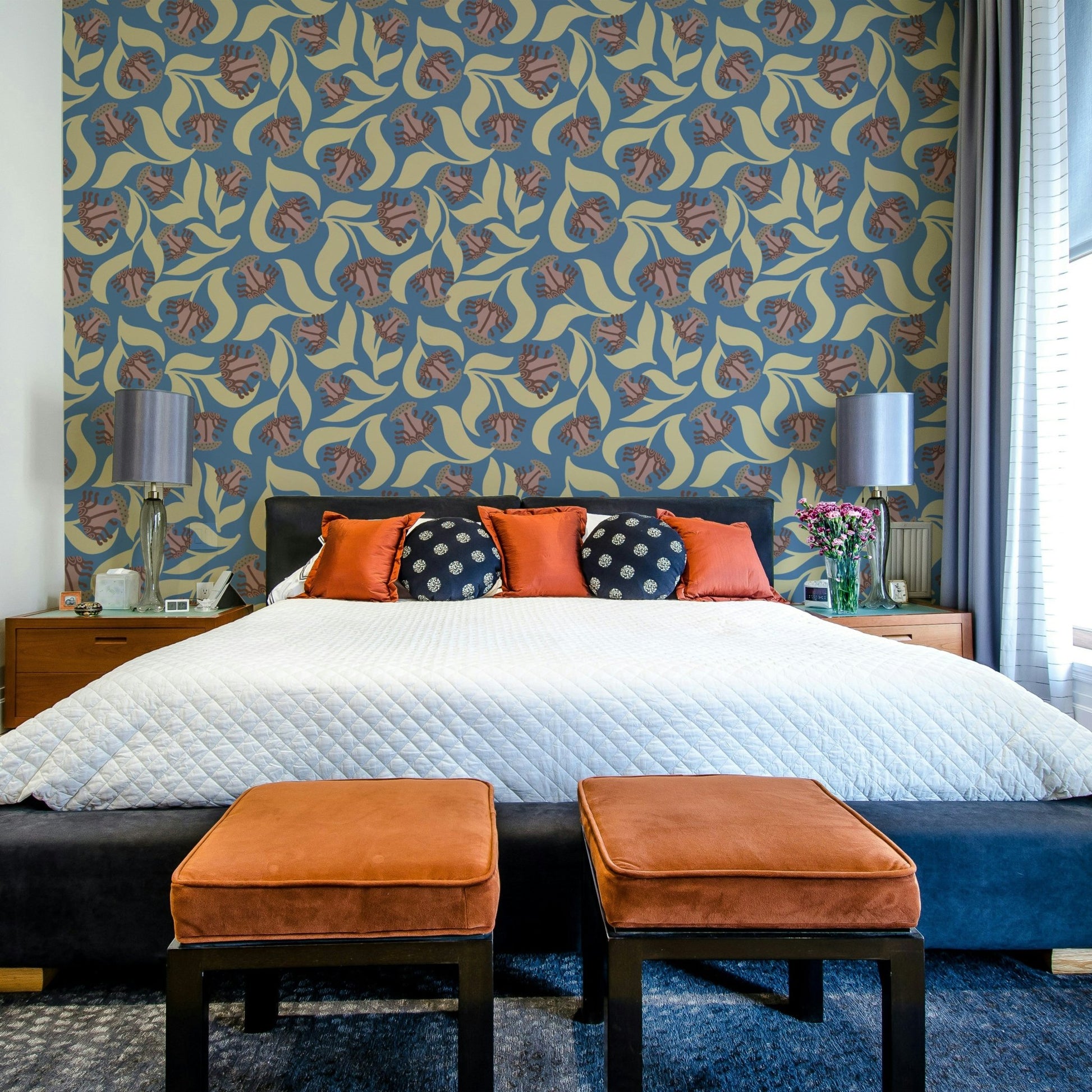 A dynamic and modern stylized floral wallpaper pattern.
