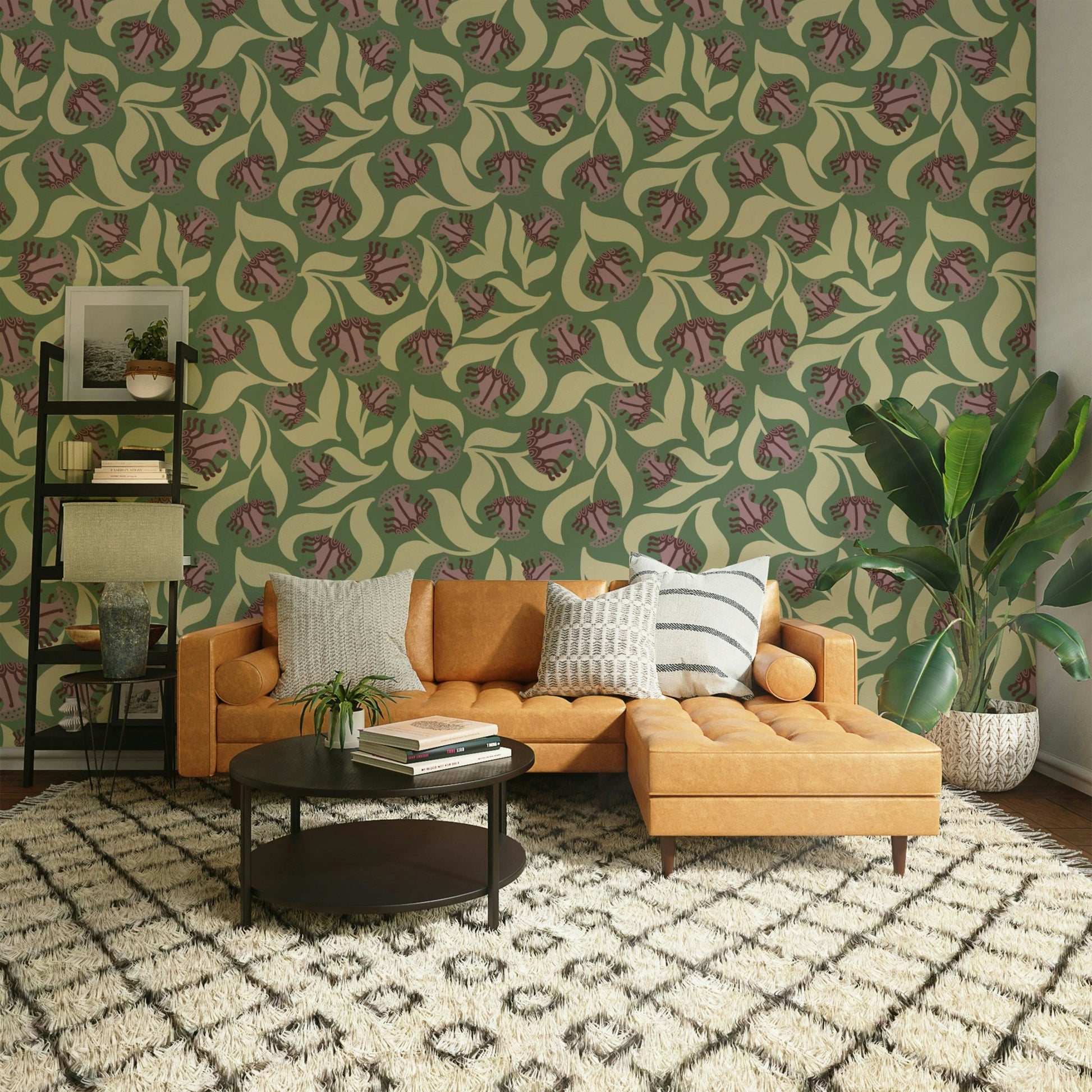 A dynamic and modern vintage floral wallpaper pattern.
