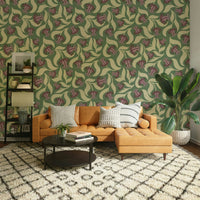 A dynamic and modern vintage floral wallpaper pattern.
