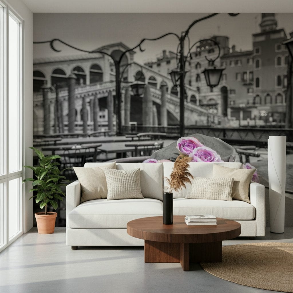 Muted tones of a floral wall mural in a modern hallway with stone flooring