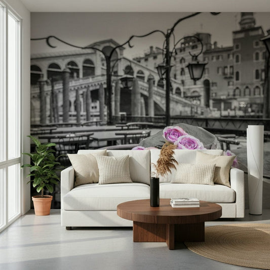 Muted tones of a floral wall mural in a modern hallway with stone flooring