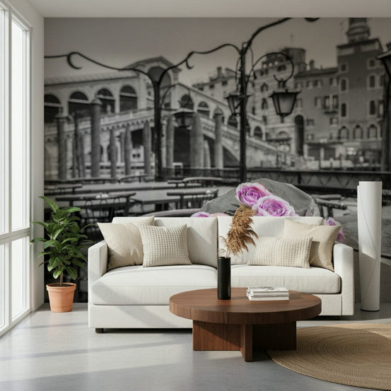 Muted tones of a floral wall mural in a modern hallway with stone flooring, GD7736