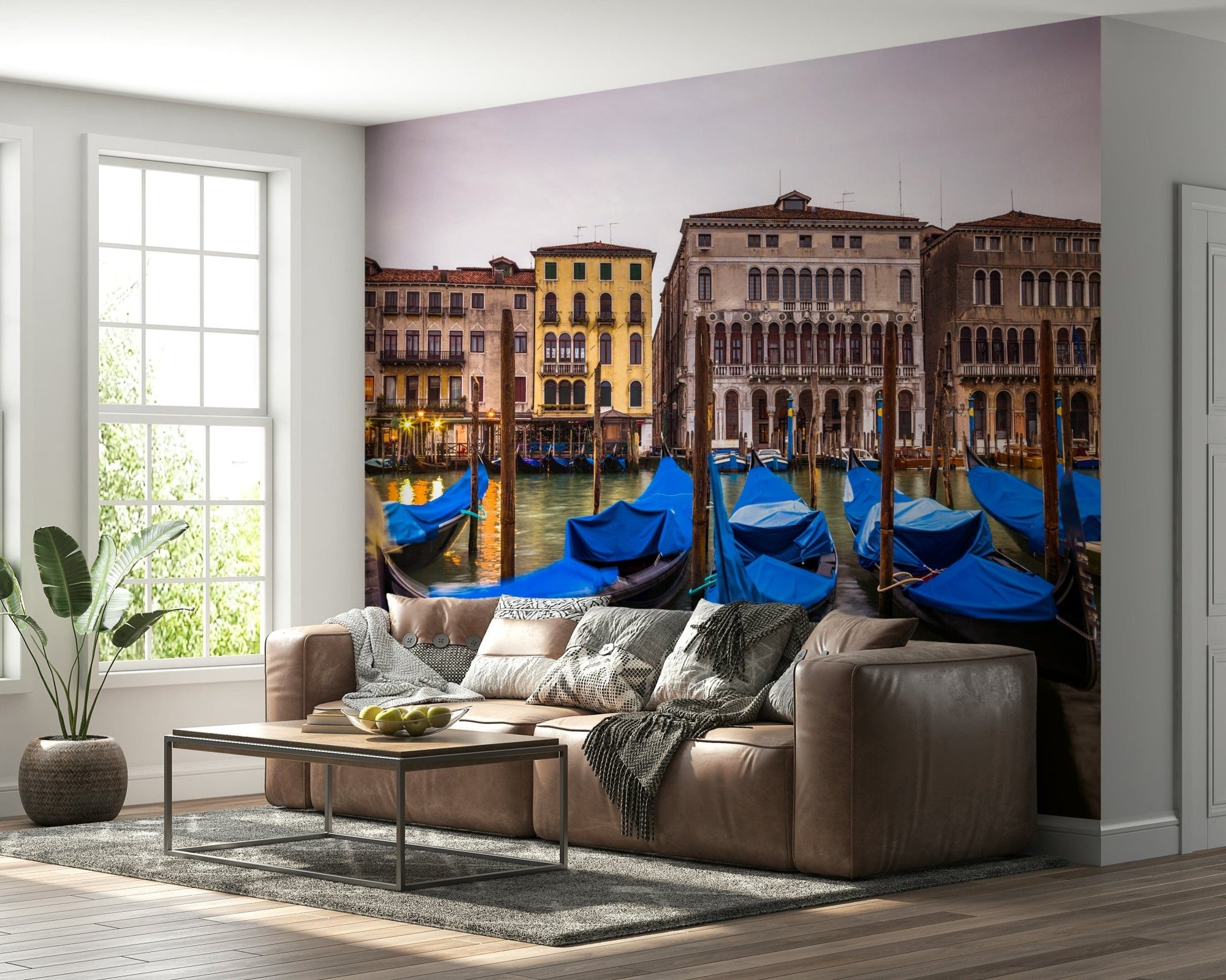 Venetian Blues Wall Mural with cobalt canals, arched palaces, and slim gondolas, GD6825