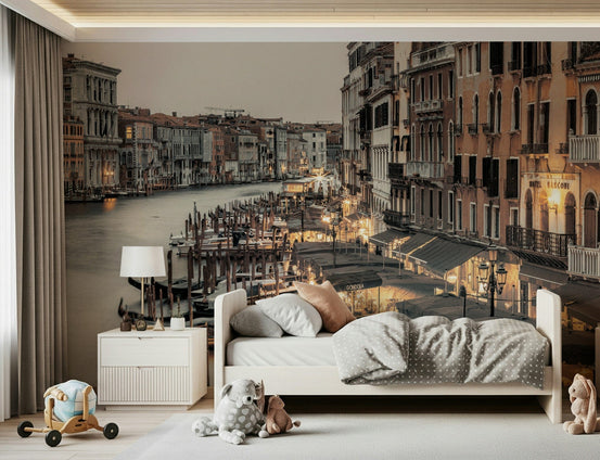 Venetian canal evening wall mural with glowing waterfront view GD7278
